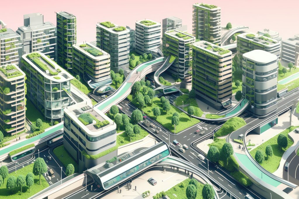 green city of the futurres, with mass transit and zero emissions vehicles, and active transportation